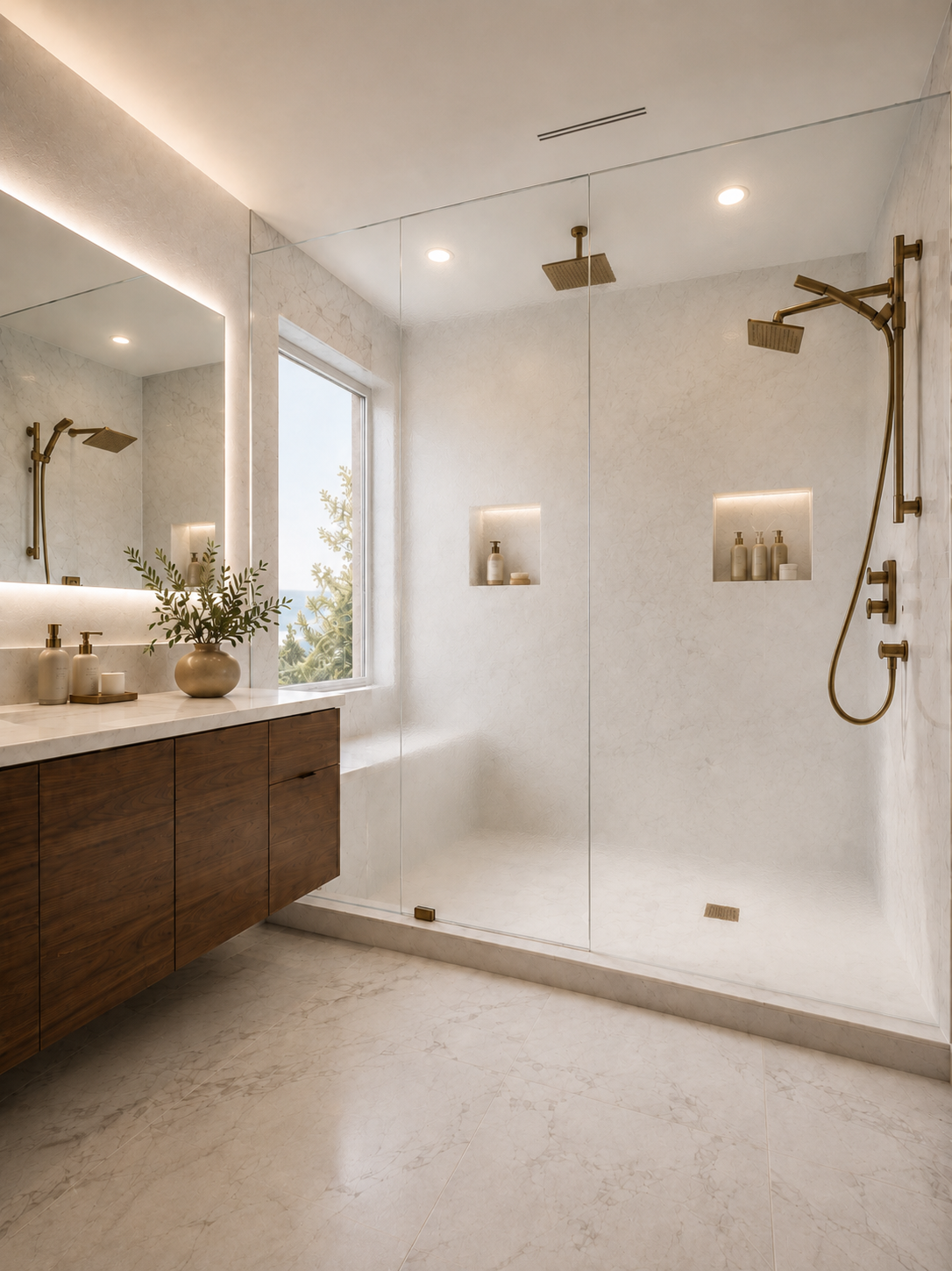 Bright bathroom with timber vanity and brass shower fittings