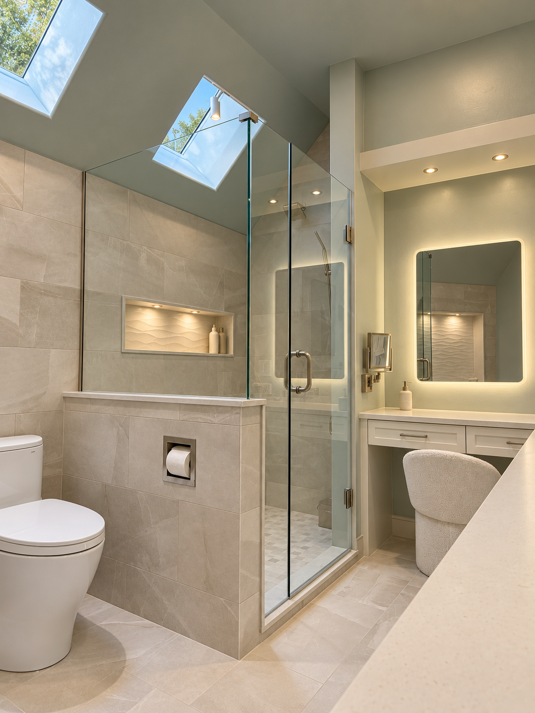Skylit bathroom with glass shower and illuminated niche