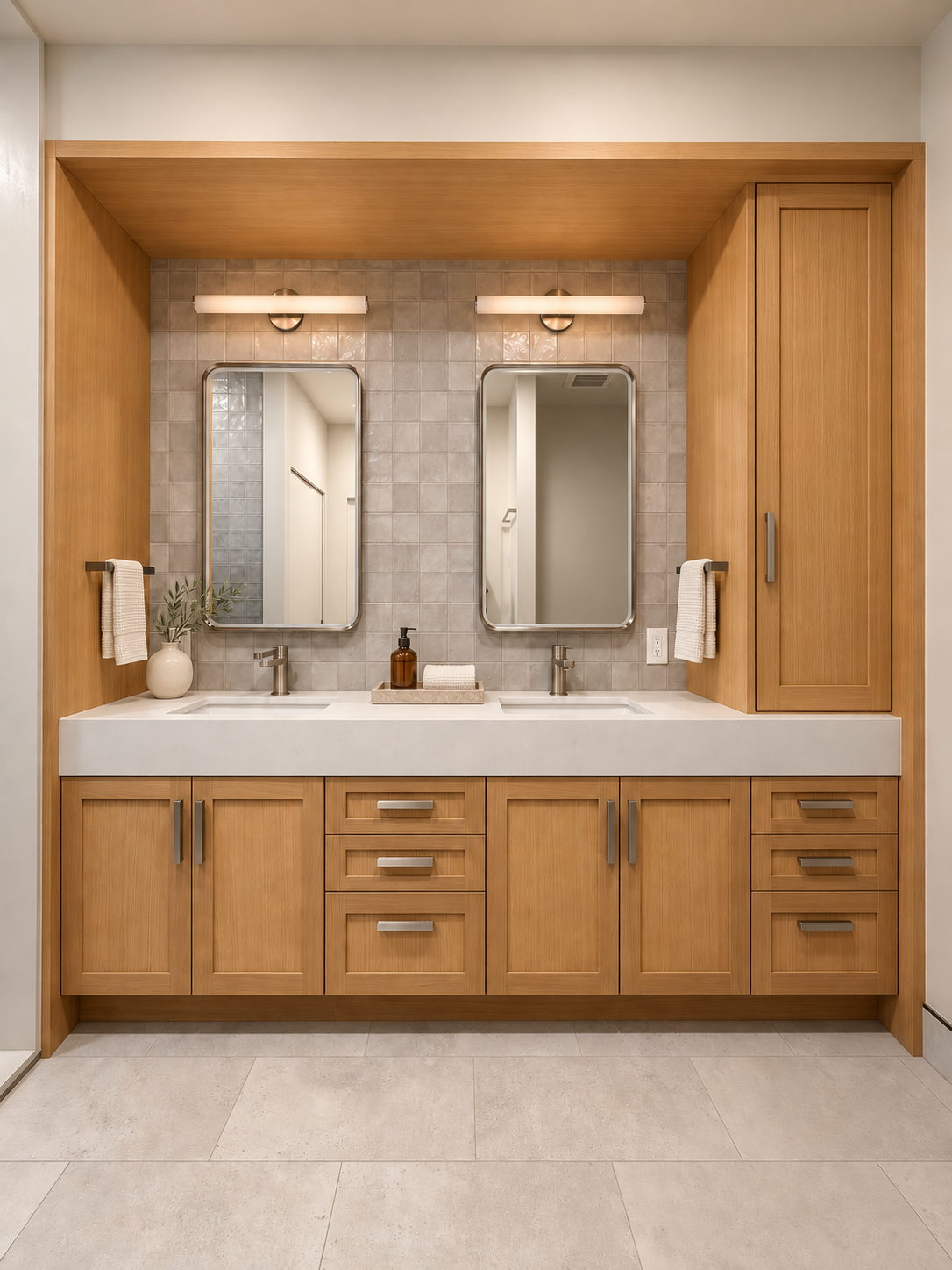 Oak double vanity with full-height storage