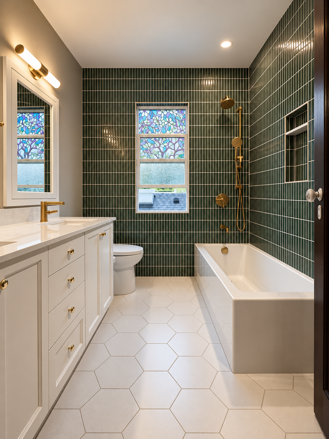 Green tiled bathroom with brass fittings