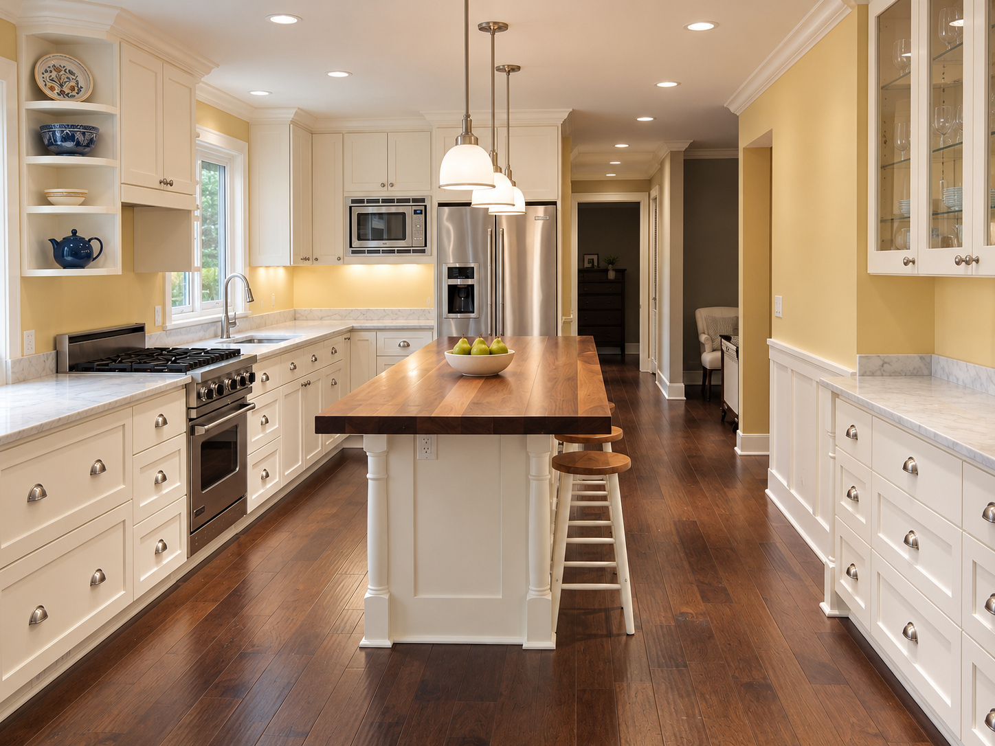 Cream kitchen with a long timber-topped island