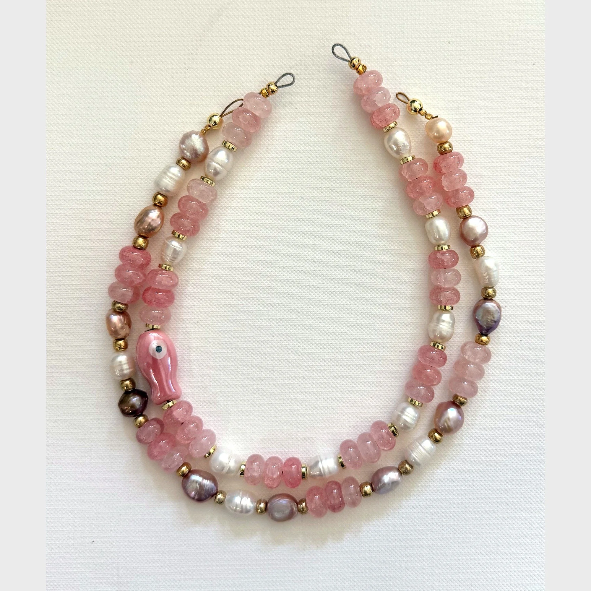 rose quartz fish — beaded phone charm