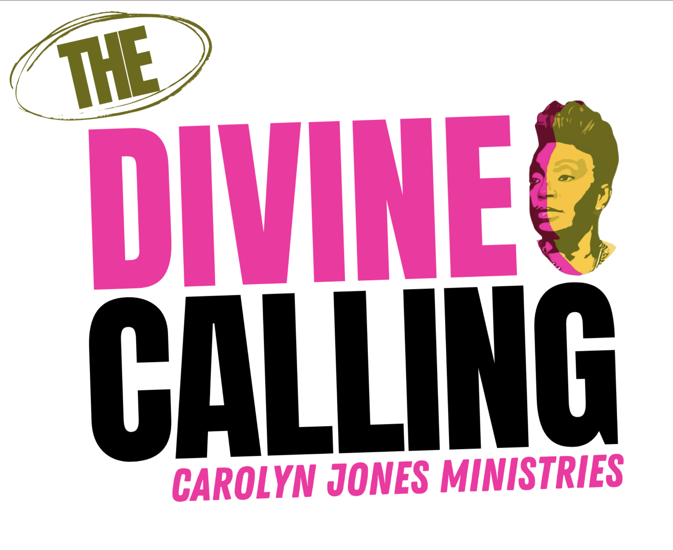 Graphic design featuring the words "THE" in green within an oval shape, followed by the prominent pink text "DIVINE", with a stylized illustration of a woman's face beside it, and additional text in black and pink below.