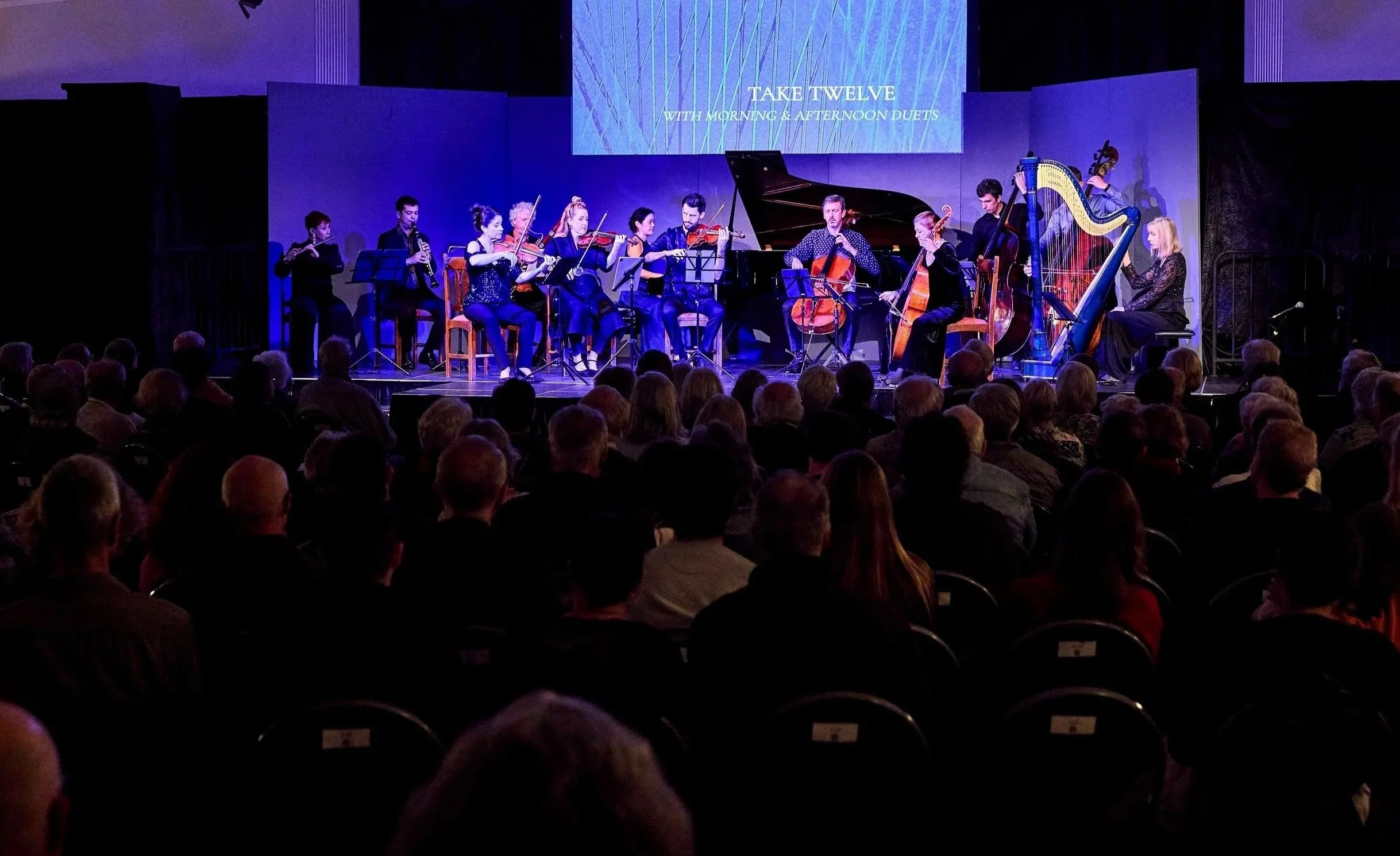 A group of musicians performing on stage with string and wind instruments, a grand piano, and a harp, in front of an audience in a concert hall.