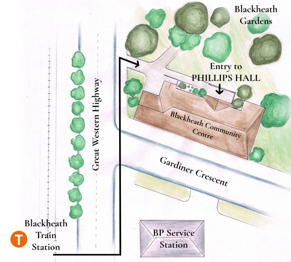A map showing the layout of Blackheath Gardens and Community Centre, with an entry to Phillips Hall. The map includes Blackheath Train Station, Gardiner Crescent, and the Great Western Highway, with trees and greenery surrounding the area.
