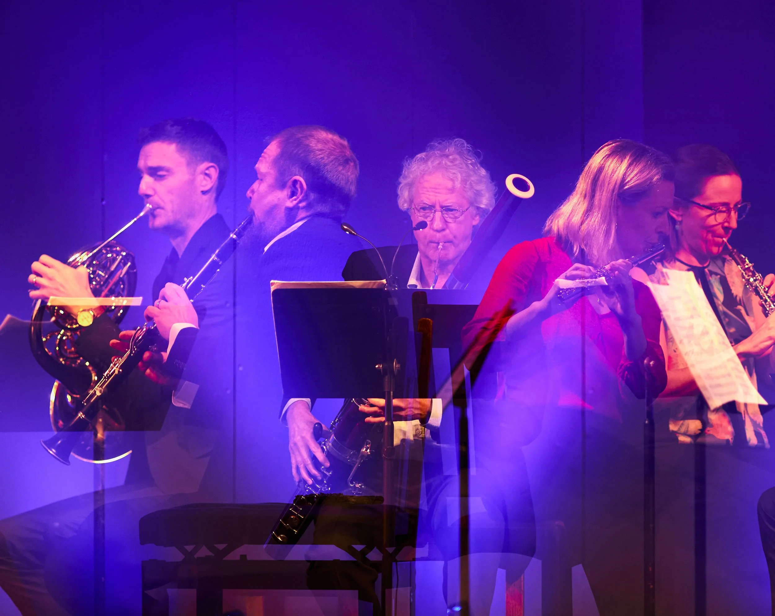 Five musicians playing wind instruments on stage with purple lighting, including a bassoon, flute, horn and an oboe.