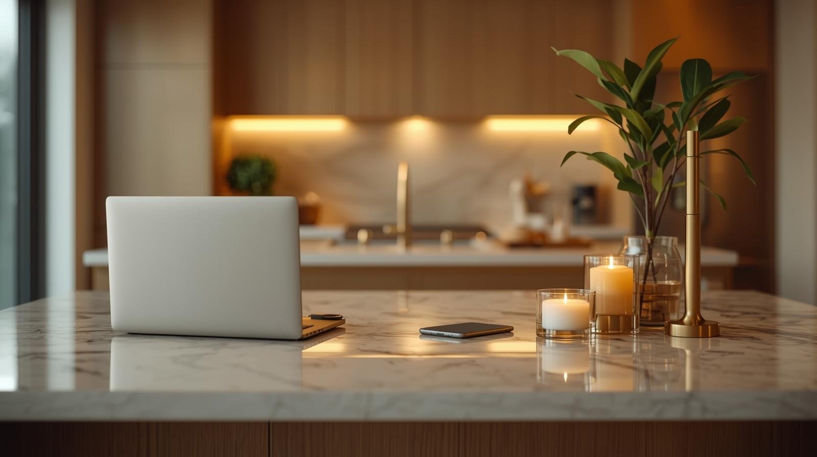 Modern kitchen island with a laptop, a smartphone, a notebook, lit candles, a green plant, and gold accents, with a kitchen in the background.