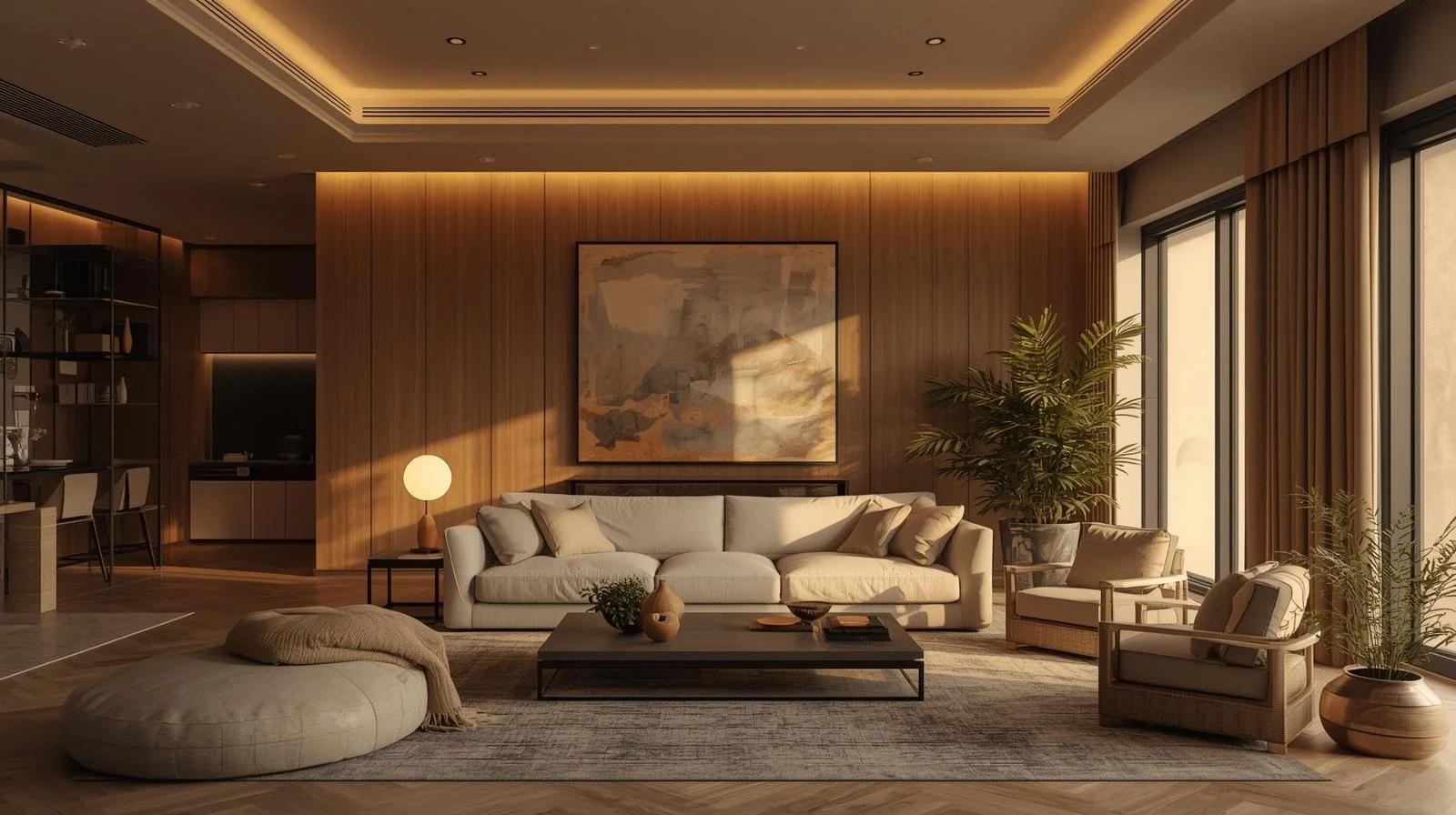 Modern living room with beige sofa, armchairs, coffee table, natural light, large windows with beige curtains, wooden accents, lighting fixtures, green plants, abstract artwork.