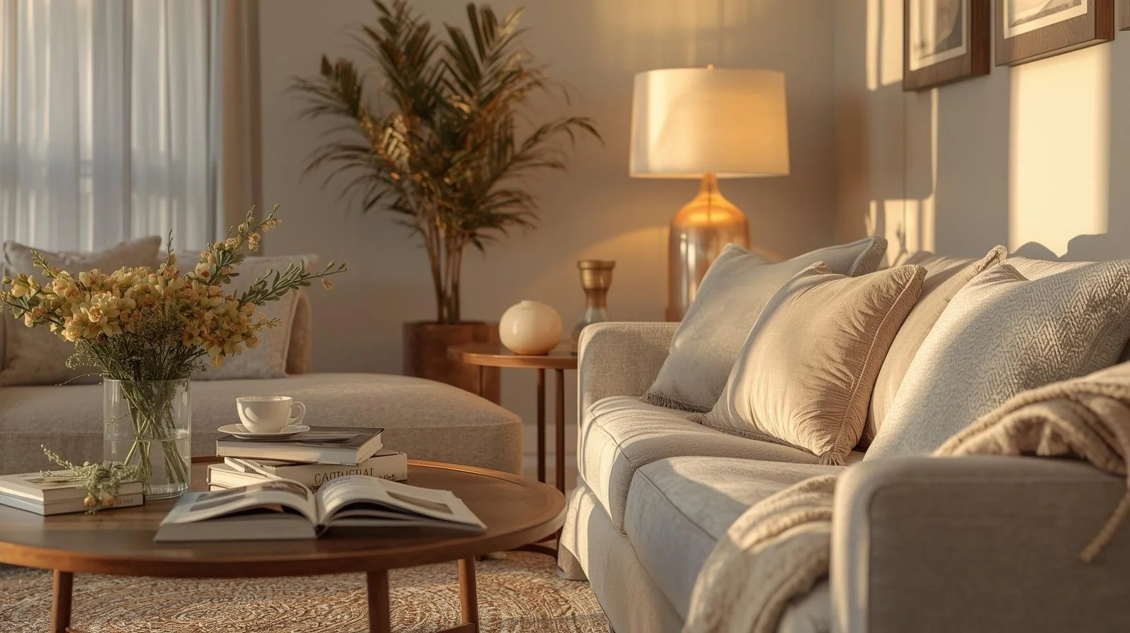 Living room with a beige sofa, a wooden coffee table with books, an open magazine, a white cup and saucer, a vase with flowers, a side table with a white decorative object, a large gold and white lamp, and a tall potted plant in the background.