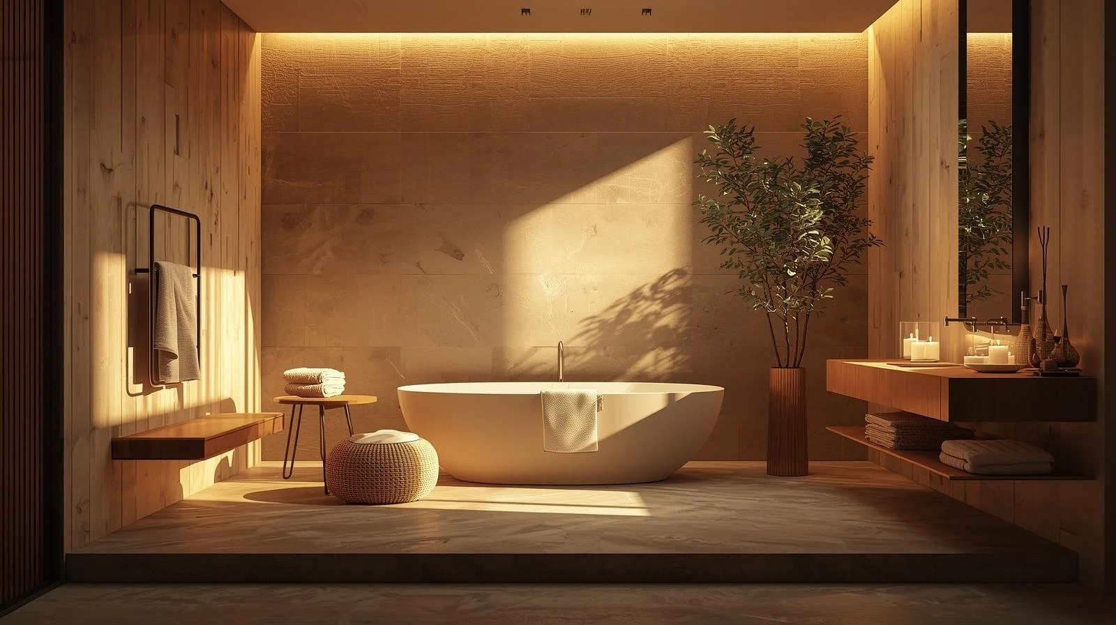 Modern bathroom with a freestanding bathtub, wooden accents, a large potted plant, towel rack, and natural light