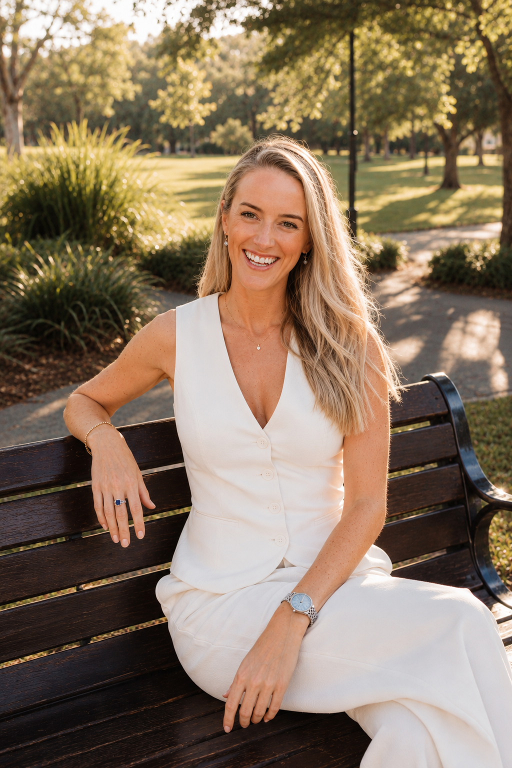 A smiling woman with blonde hair sitting on a park bench, wearing a white sleeveless dress, surrounded by green trees and plants on a sunny day.
