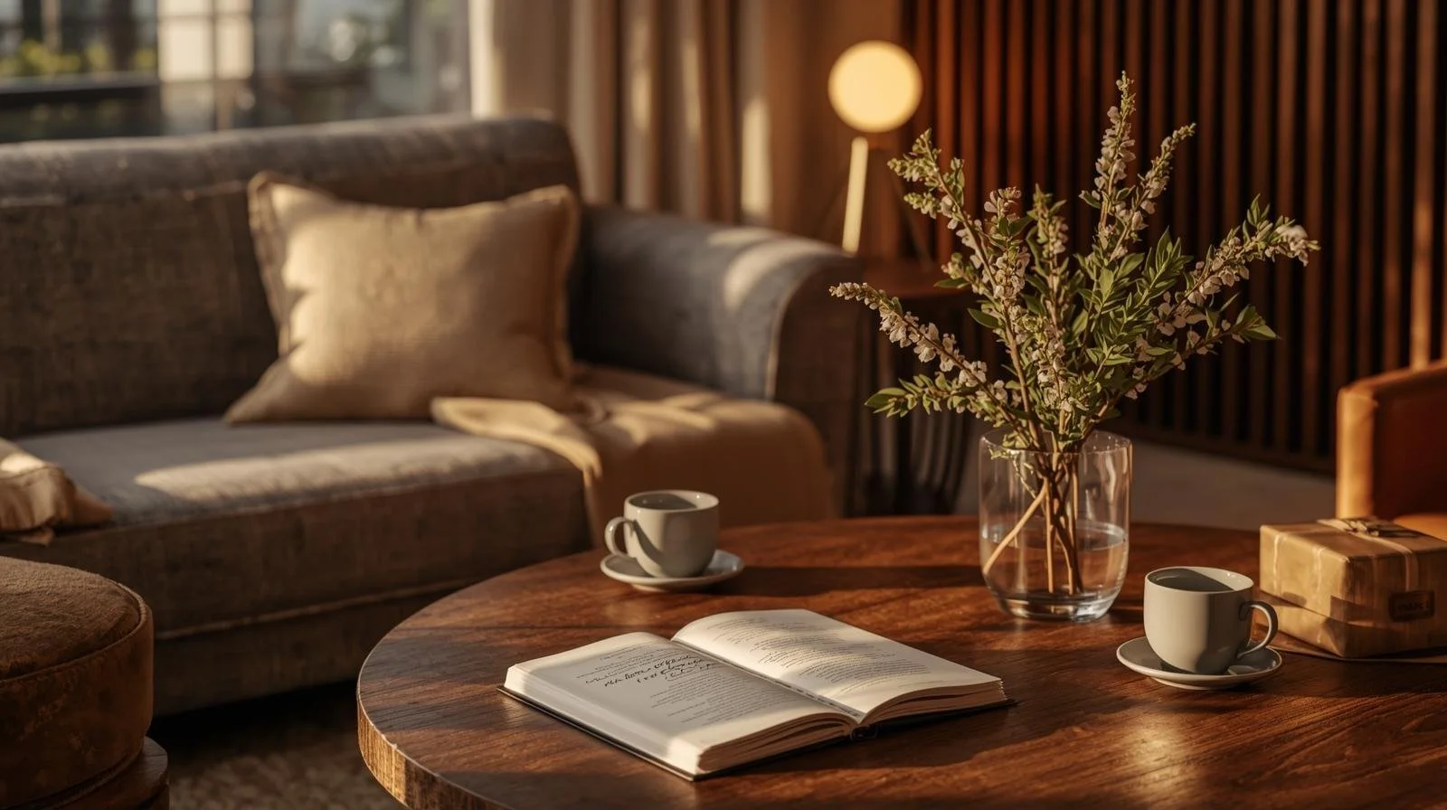 A cozy living room with a wooden coffee table, open book, two mugs on saucers, a glass vase with greenery, a sofa with pillows, warm lighting, and wooden wall panels in the background.