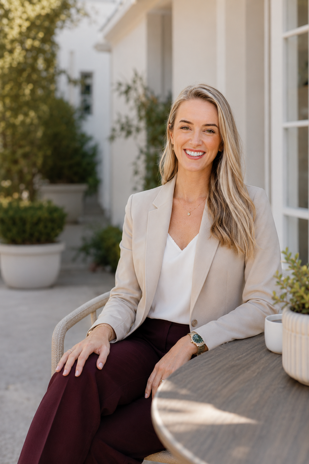 A woman with blonde hair smiling, sitting outdoors at a wooden table with potted plants around her.