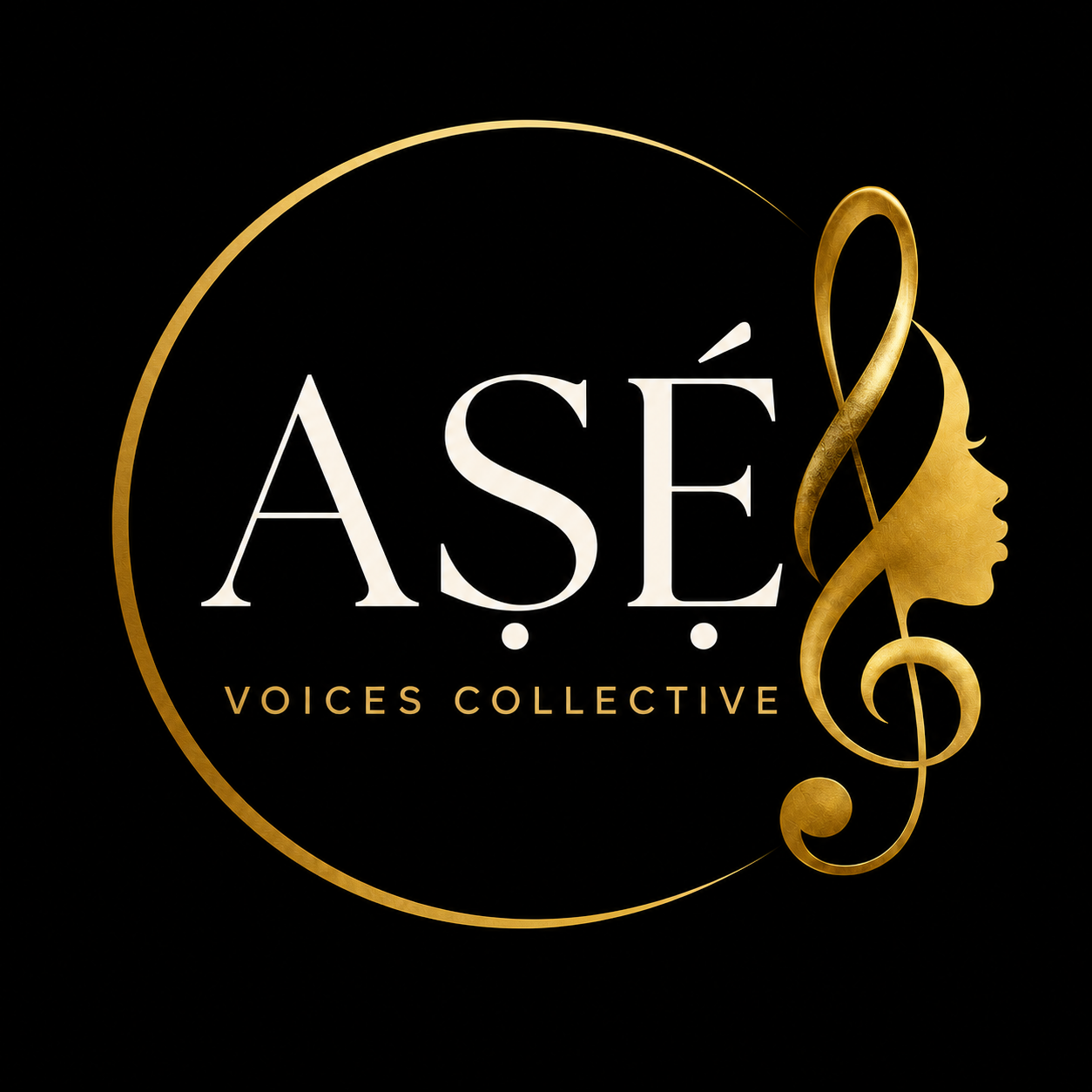 Logo for Aṣé Voices Collective featuring a gold silhouette of a woman's profile with a treble clef intertwined in her hair and the text 'Aṣé Voices Collective' in white and gold on a black background.