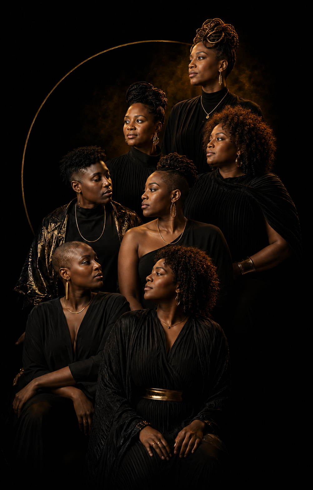 A portrait of eight women with diverse hairstyles and jewelry, dressed in black, posed against a dark background with a golden arch and glow.