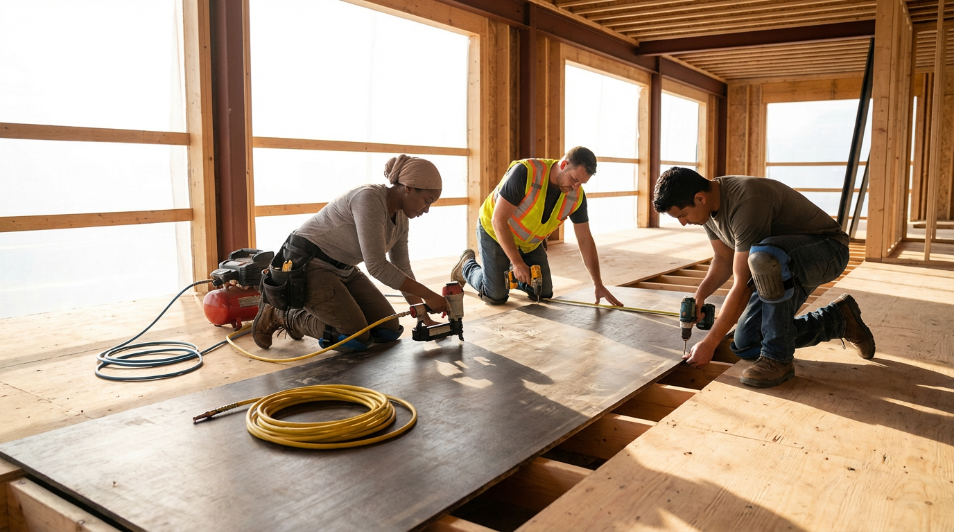Three workers installing a large sheet of material on a wooden floor frame in an unfinished building with large window openings.