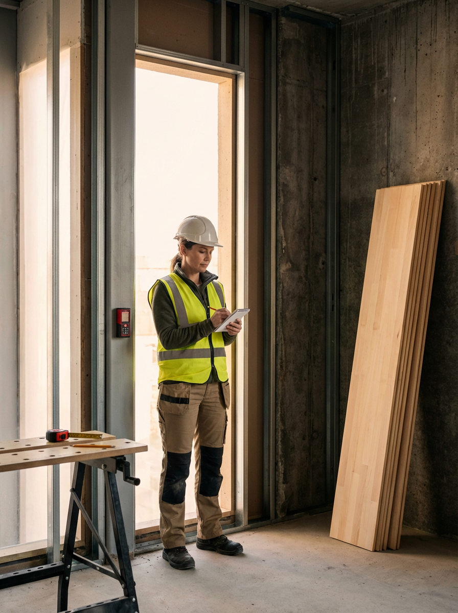 A woman construction worker in a yellow safety vest and a white hard hat is writing on a notepad inside a building under construction. There are wooden planks leaning against the wall, and a worktable with tools nearby.