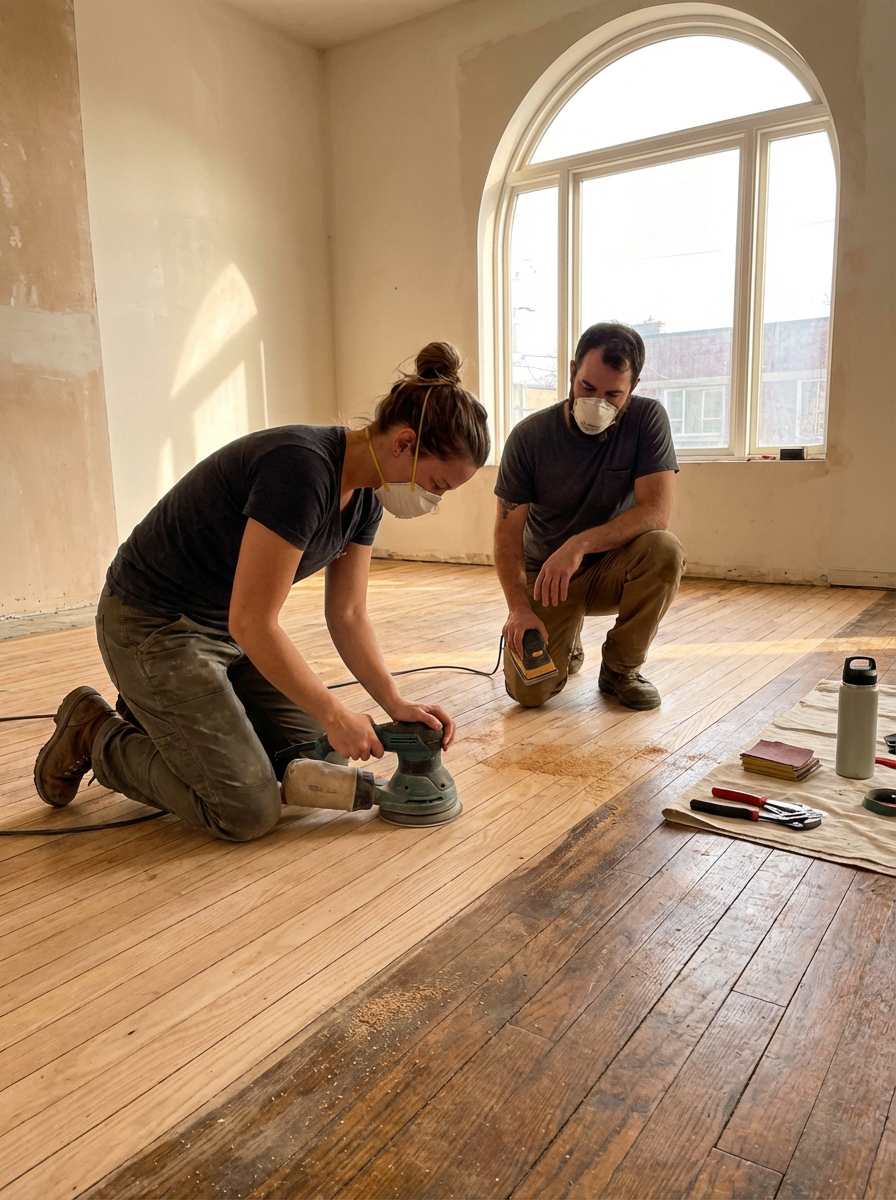 Two people installing a hardwood floor, one is sanding the floor while the other is holding a tool, both wearing masks, in a room with large window and light-colored walls.