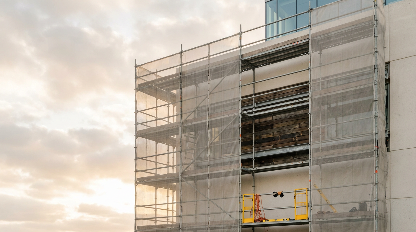 Scaffolding and safety netting on the exterior of a building under construction or renovation, with a cloudy sky in the background.