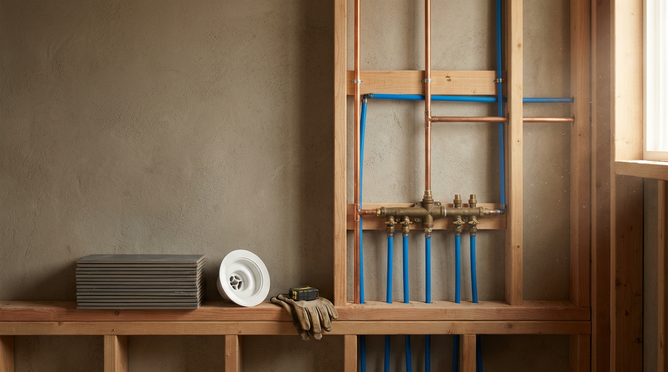 Interior view of a construction site focusing on plumbing work. There are copper and blue pipes installed within a wooden framework, and a window on the right side letting in natural light. Construction tools and materials, including a stack of grey insulation panels, a circular white vent cover, and a pair of work gloves, are resting on a wooden ledge below the pipes.