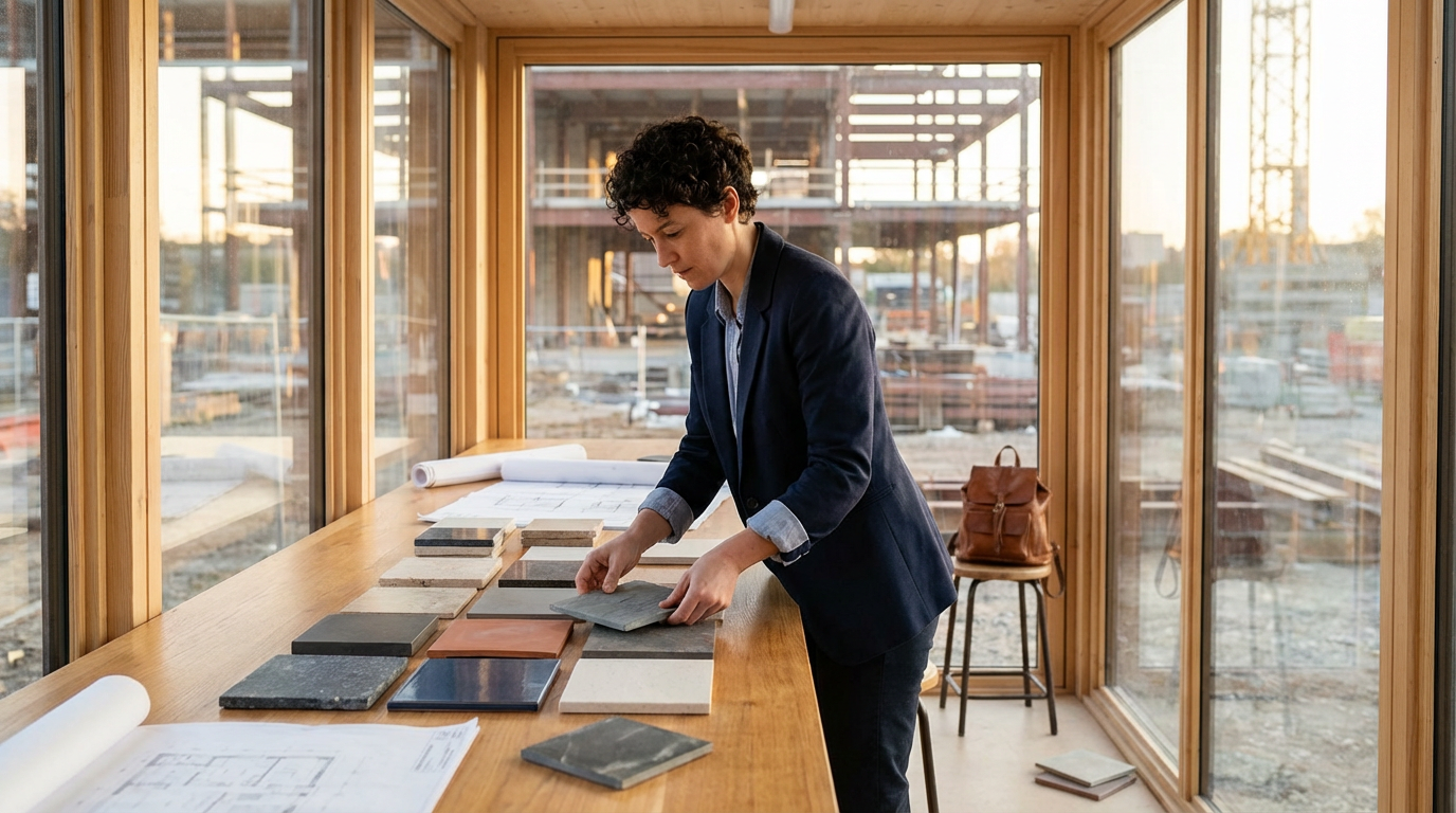 A woman in a navy blazer sorting through various tile samples on a wooden table inside a sunlit room with large glass windows at a construction site.