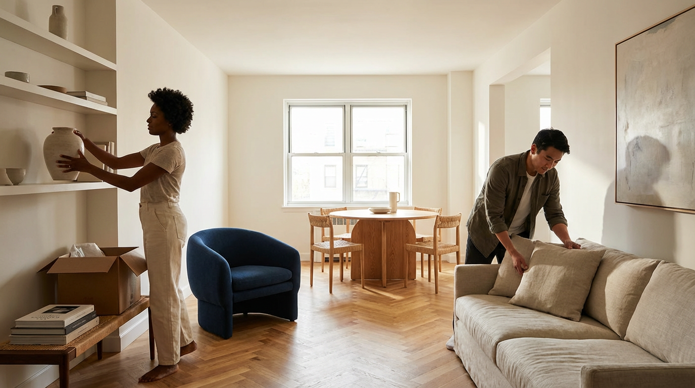 Two people are organizing and arranging furniture in a bright, cozy living room with hardwood floors. The woman on the left is placing objects on shelves, while the man on the right is adjusting pillows on a beige sofa.