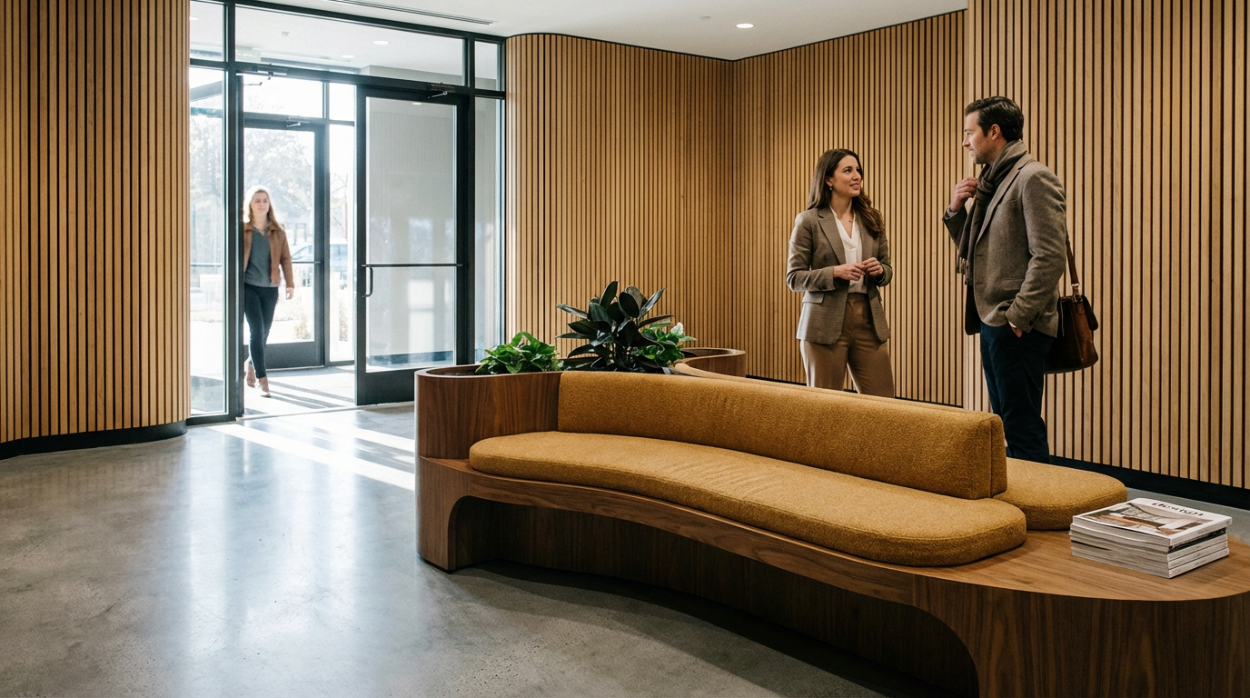 Two people in business attire talking in a modern lobby area, with a woman entering through the glass door in the background, and a yellow cushioned bench with a wooden frame and a stack of magazines nearby.