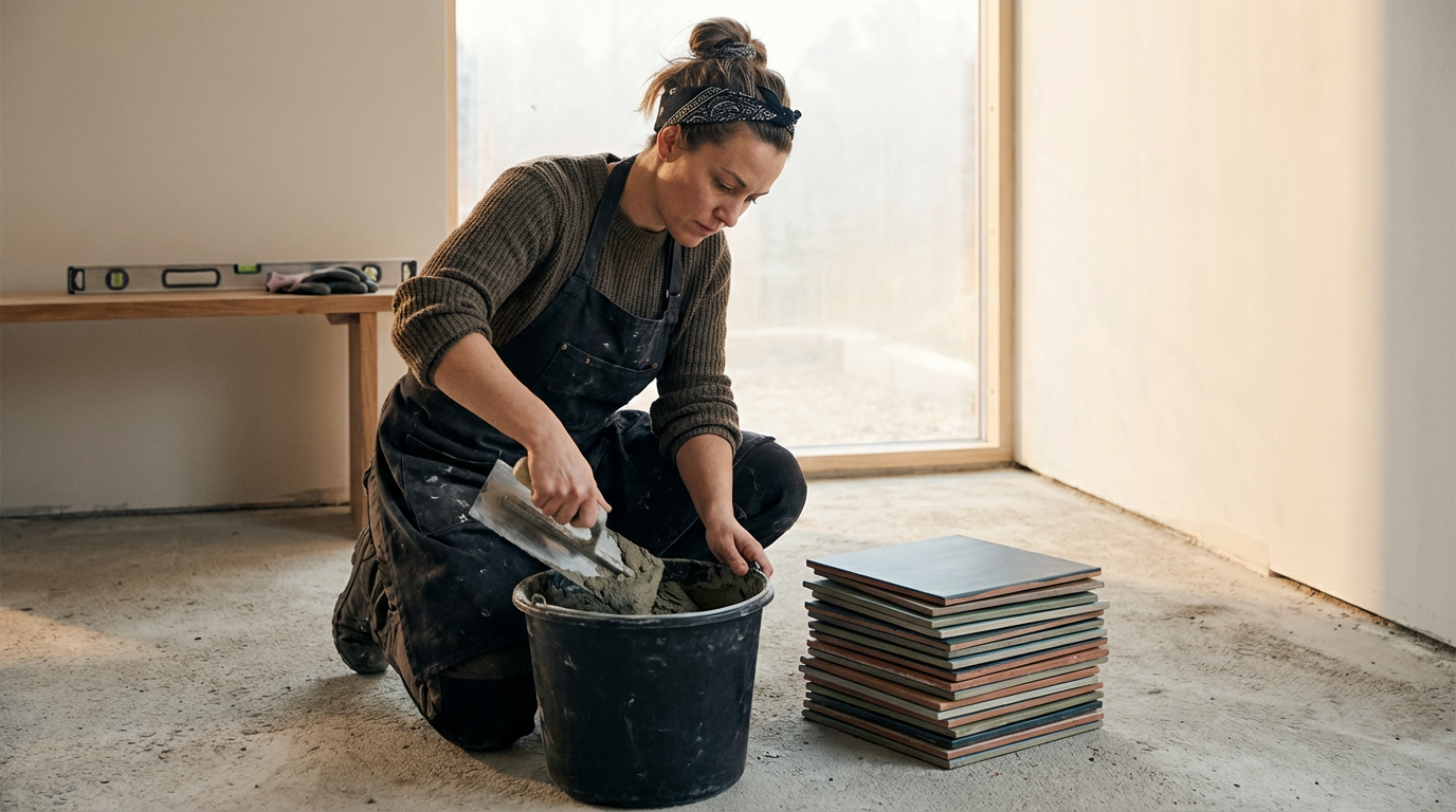 A woman kneeling on the floor, pouring cement from a bucket into a container, with a stack of tiles nearby, in a room under construction.
