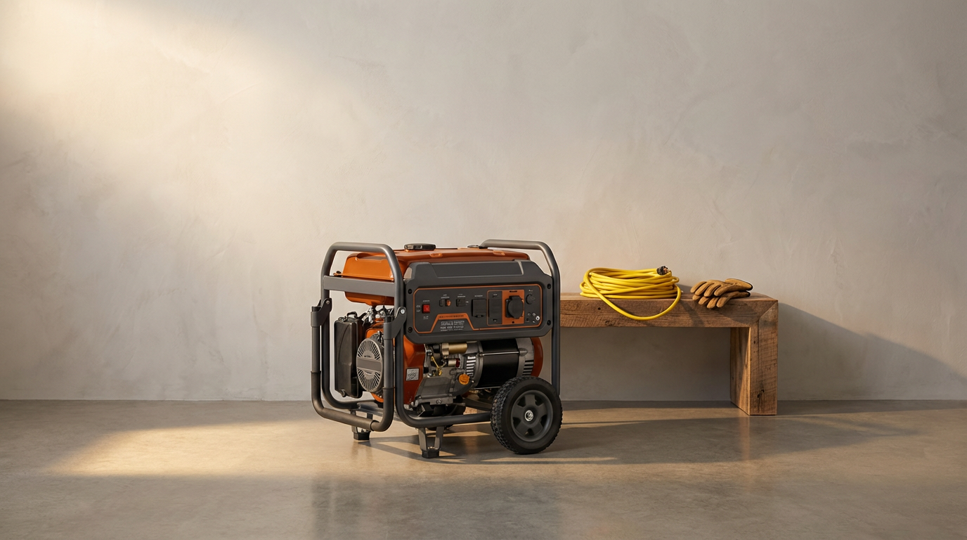 A portable generator, a yellow extension cord, and work gloves on a wooden bench against a plain wall.