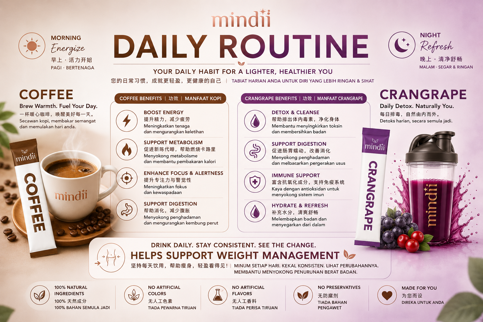 MINDII daily wellness routine featuring Coffee in the morning and Crangrape in the evening