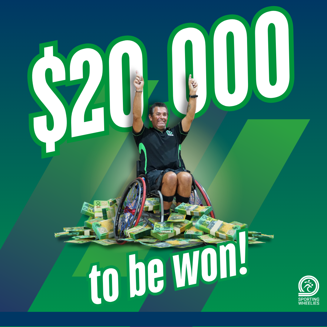 A man in a wheelchair celebrating with raised arms, surrounded by Australian $100 bills, with large text indicating a winning amount of $20,000 from Sporting Wheelies.