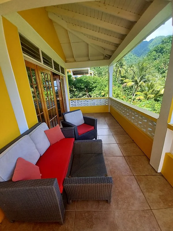 The view looking back towards the mountains from the Ocean View Studio at Mango Garden Cottages, Dominica