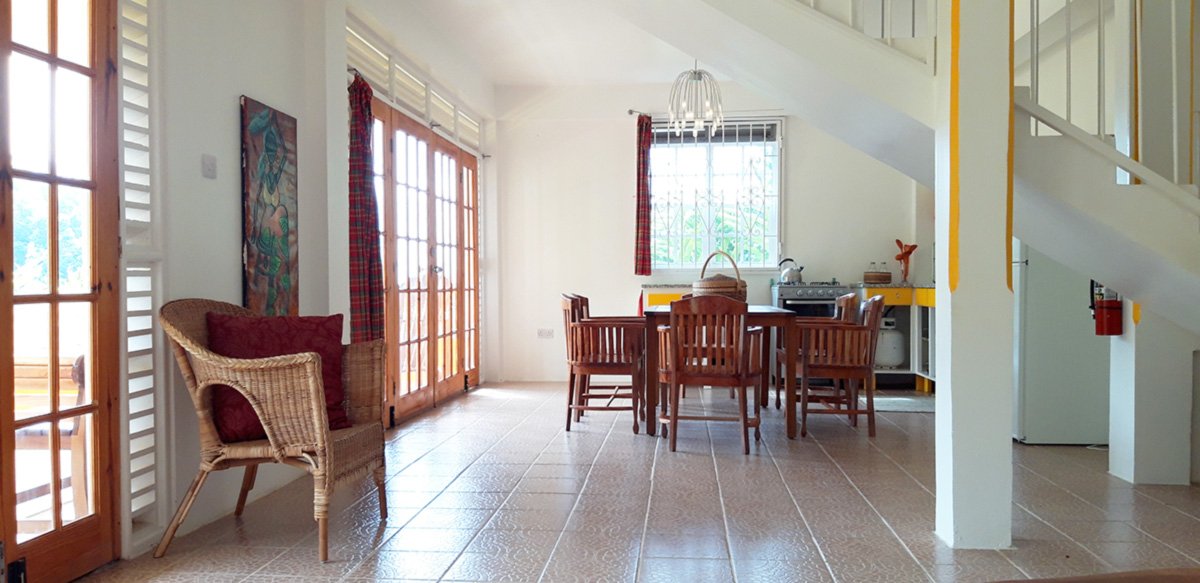 View looking toward the kitchen area in the Little Villa, Mango Garden Cottages, Dominica