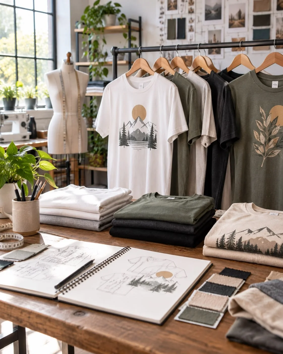 Display of outdoor-themed T-shirts with mountain, forest, and sun designs in a creative studio with a dress form, plants, fabric swatches, sketches, and design tools.