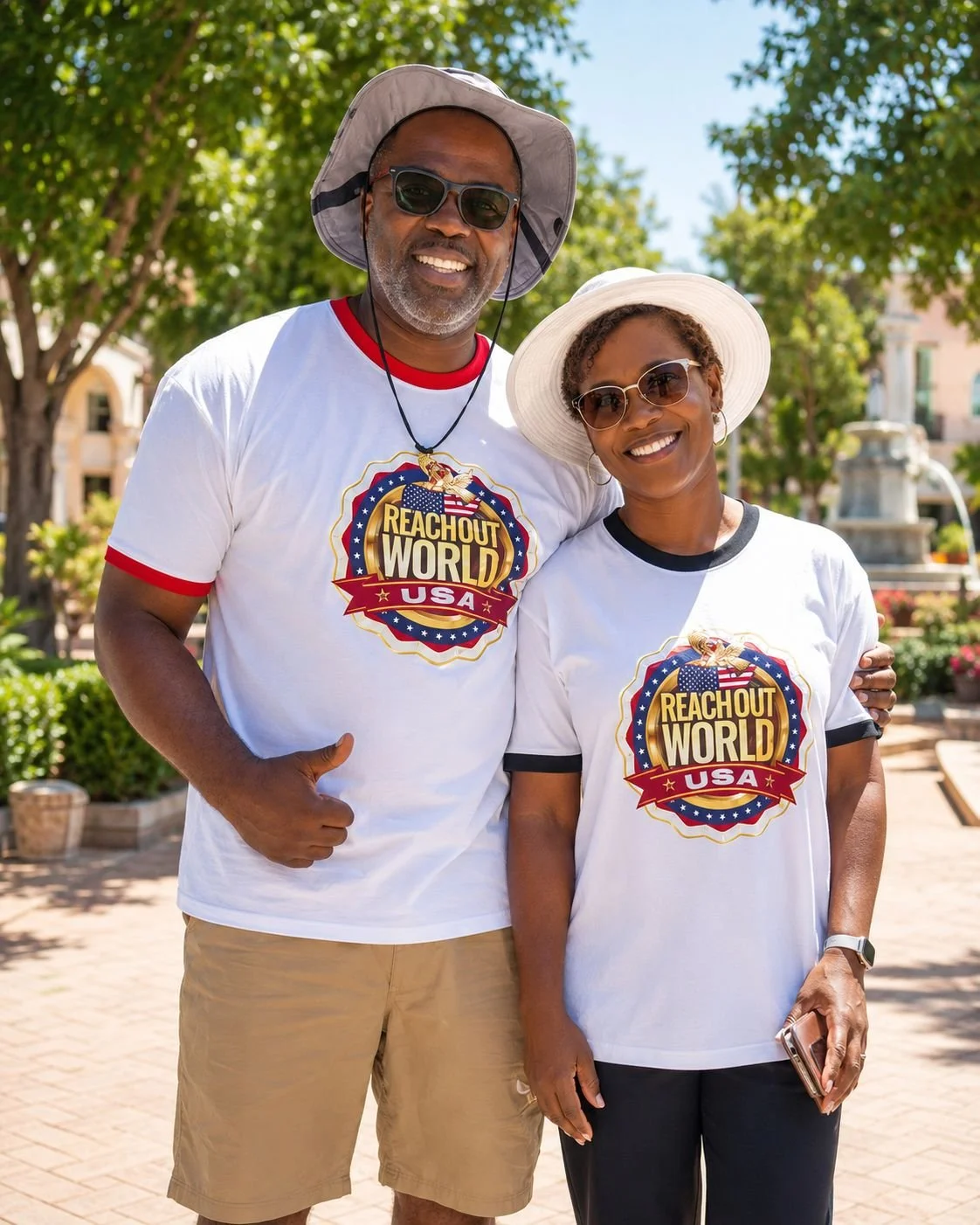 Two smiling adults in white t-shirts with 'Reach Out World USA' logos, wearing hats and sunglasses, standing outdoors in a park with trees and buildings in the background.