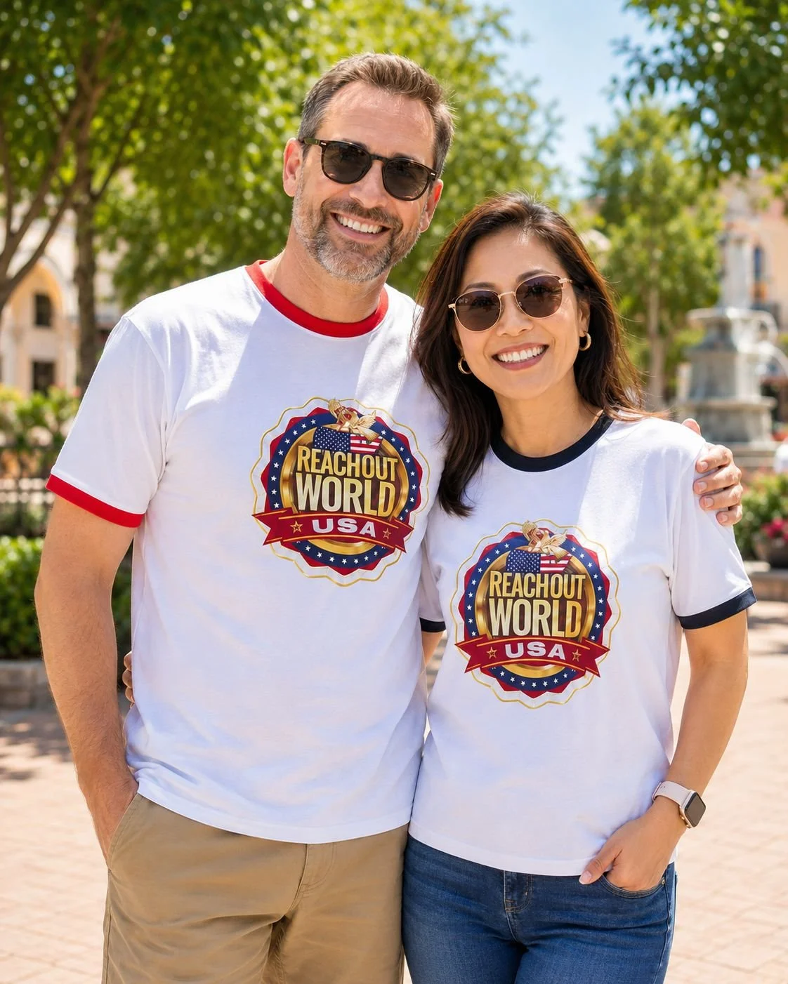 A man and woman standing outdoors on a sunny day, smiling, wearing matching white t-shirts with a 'Reach Out World USA' logo, with trees and a fountain in the background.