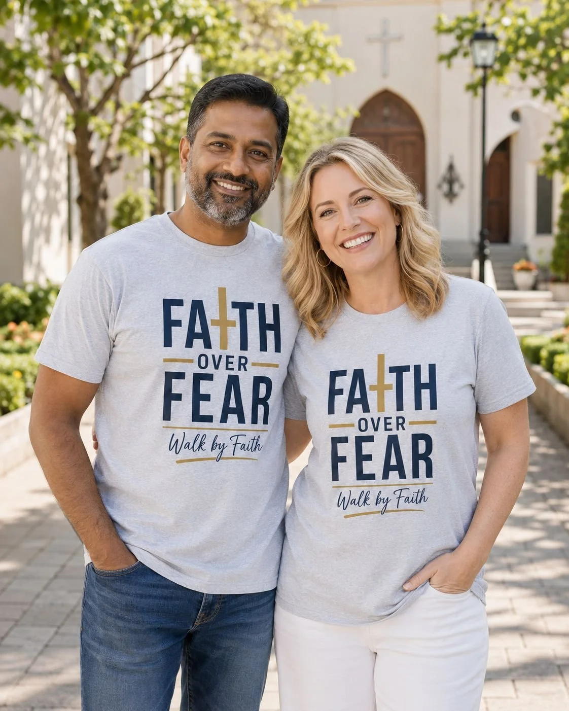 A smiling couple standing outdoors in front of a church, both wearing grey T-shirts that say 'Faith Over Fear' with a cross in the design and the phrase 'Walk by Faith' at the bottom.