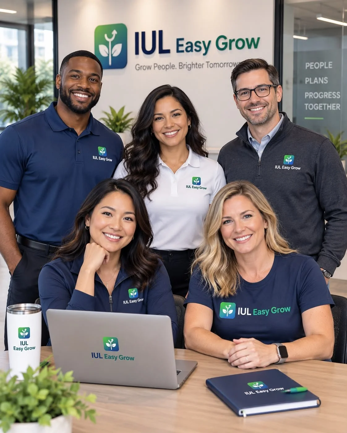 Group of five diverse colleagues in an office, smiling, wearing branded apparel with the logo 'IUL Easy Grow', with a laptop, notebook, pen, and sports bottle on the table, and a sign in the background displaying the same logo and motivational words.