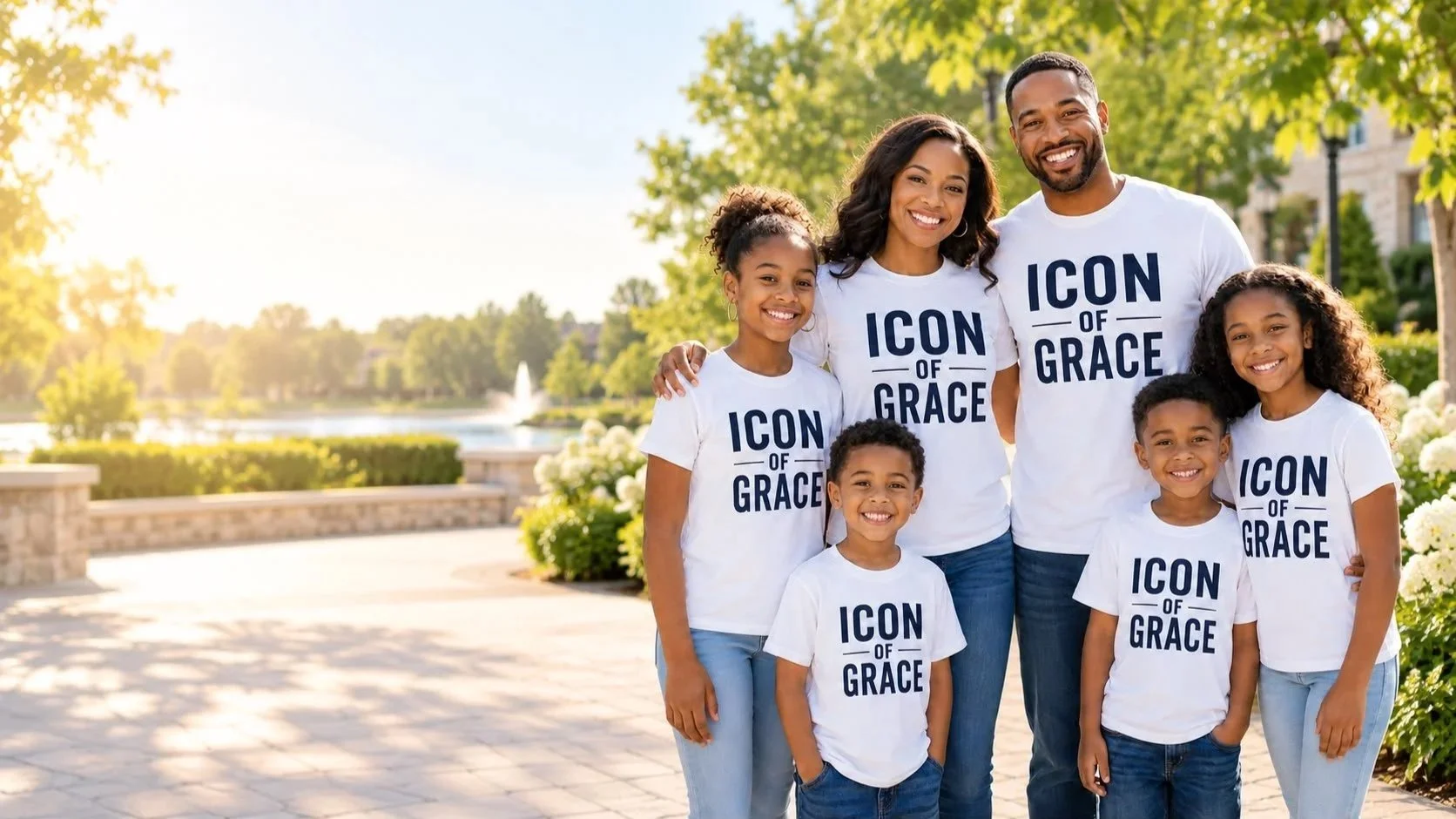 Family of six outdoors by a lake and greenery, all wearing matching white t-shirts with 'ICON OF GRACE' printed on them, smiling.