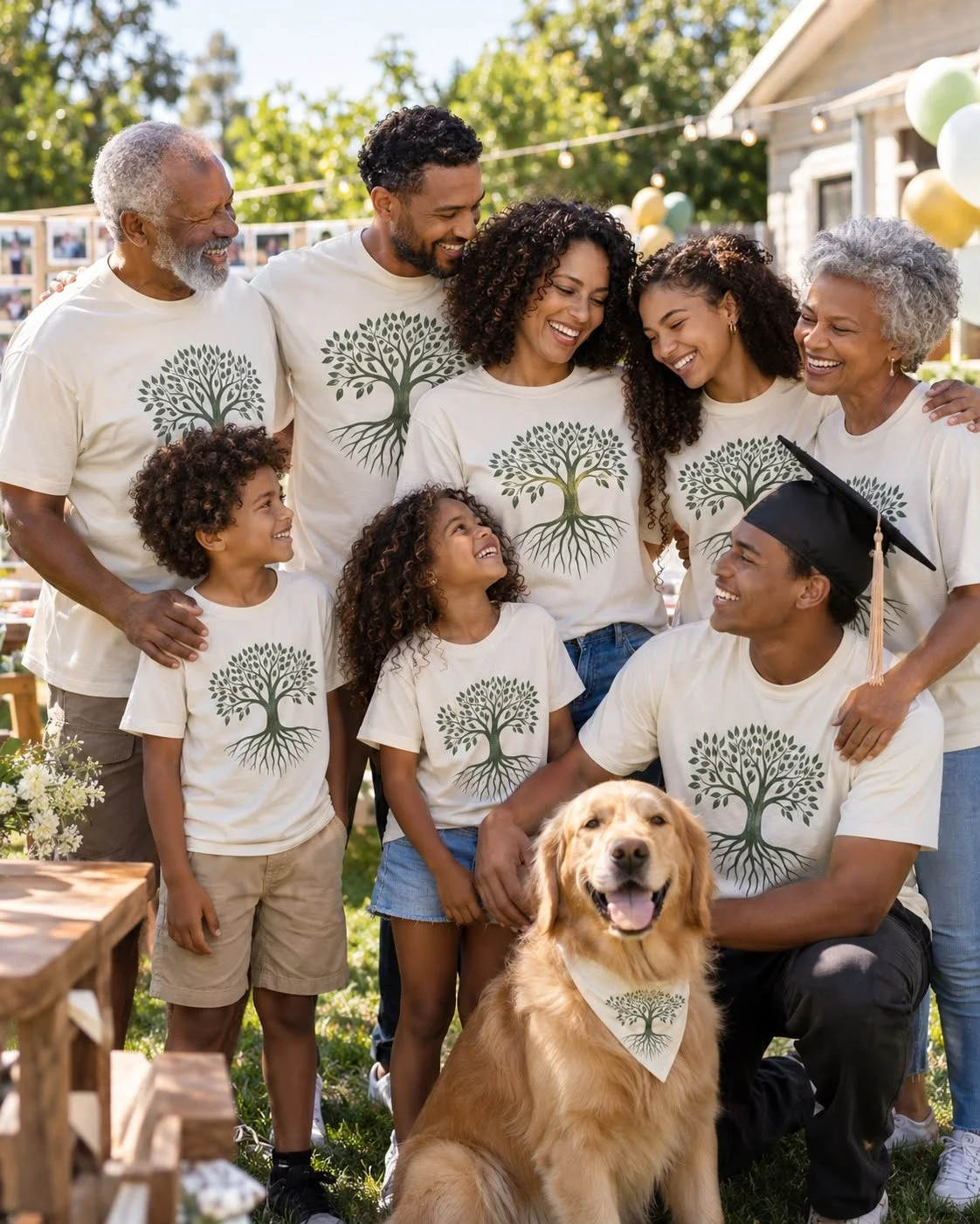 A multigenerational family wearing matching T-shirts with a tree design, celebrating outdoors with balloons and photos in the background, including a person in a graduation cap and a golden retriever.