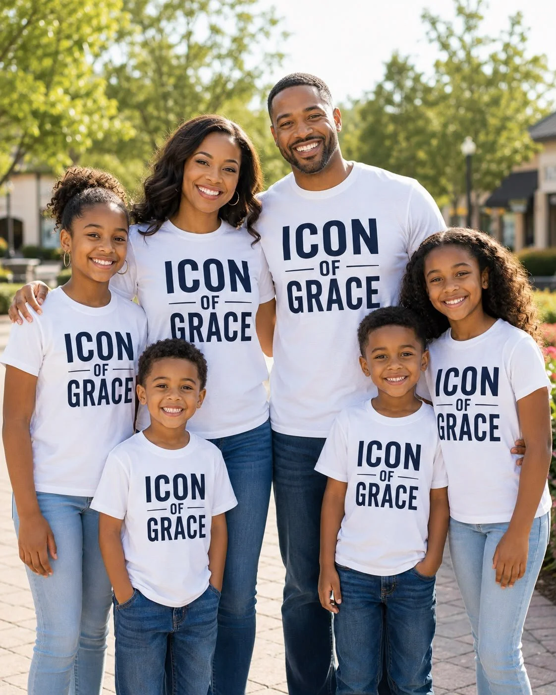 A smiling family of two adults and five children standing outdoors wearing matching white t-shirts that say 'Icon of Grace' in navy blue letters, with a park and trees in the background.