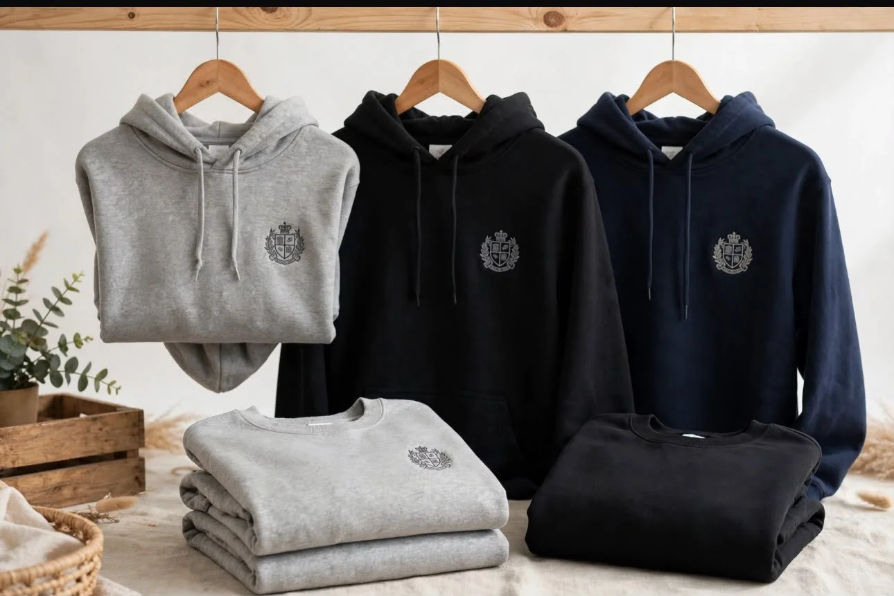 Gray, black, and navy hooded sweatshirts with a crest emblem hanging on wooden hangers, with folded sweatshirts on a table in front and some decor items around.