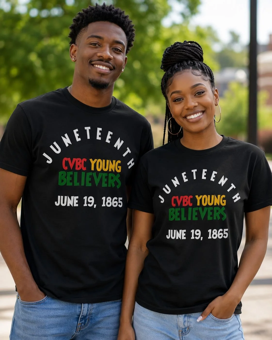 Two young adults, a man and a woman, stand outdoors wearing black T-shirts with colorful text that reads "Juneteenth CVBC Young Believers June 19, 1865." They are smiling, with trees and buildings in the background.