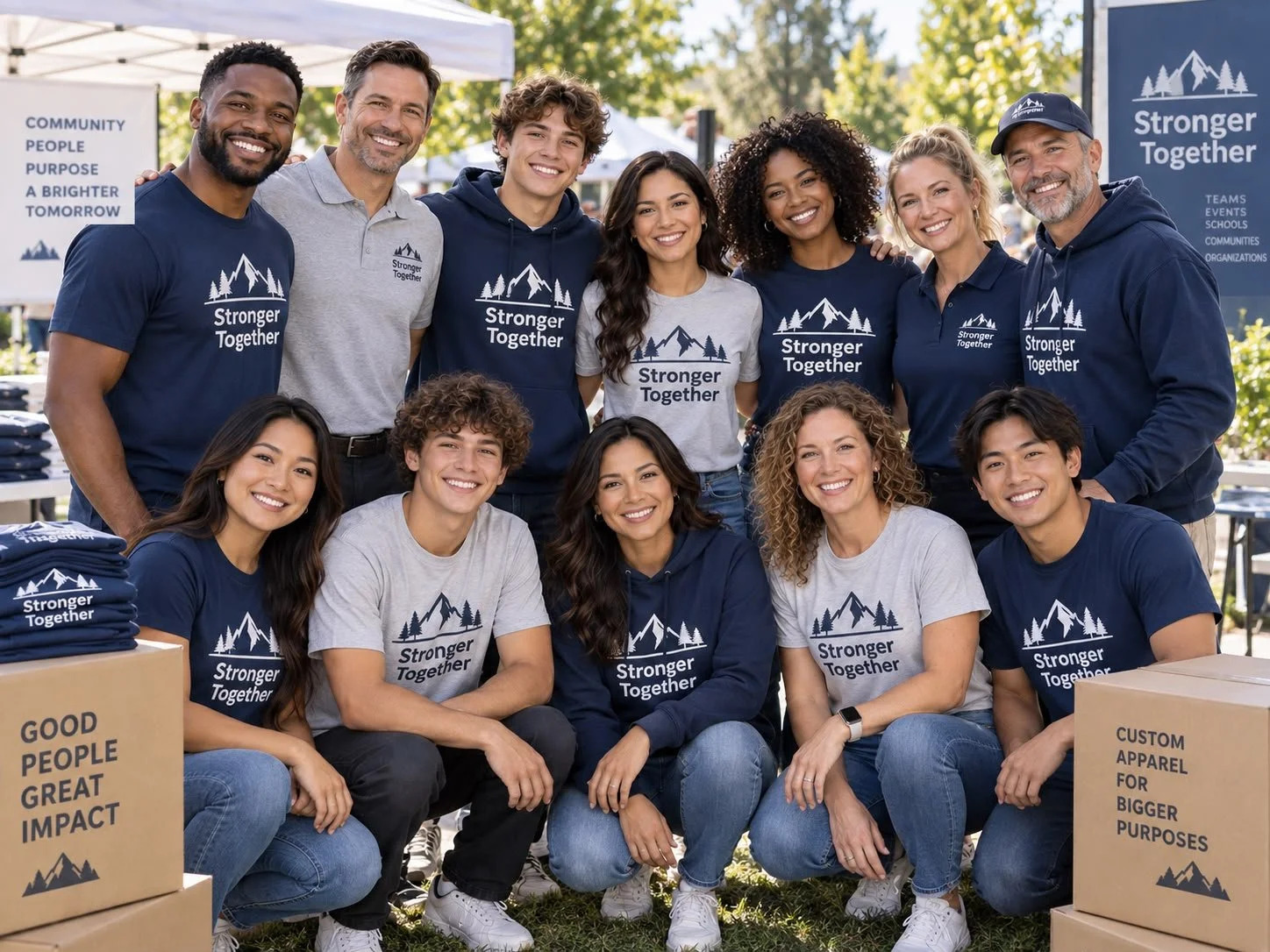 Group of diverse people at an outdoor event, wearing matching shirts and hoodies with a mountain and trees logo and the words 'Stronger Together'. They are smiling and posing for a photo behind tables with folded shirts and boxes.