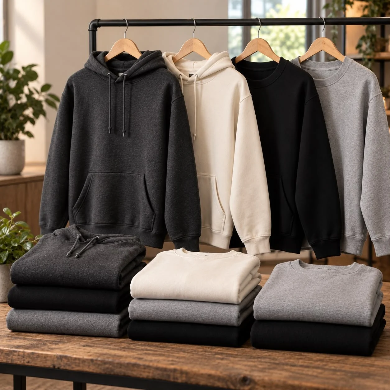 A display of four hoodies hanging on a clothing rack in black, cream, black, and gray, with stacked folded hoodies in matching colors on a wooden table in front.