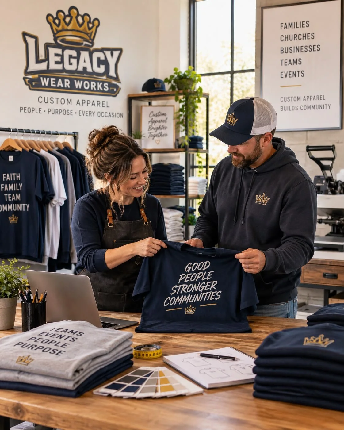 A woman and man inside a custom apparel shop are examining a navy T-shirt with the slogan, 'Good People Stronger Communities,' printed on it. The woman is smiling and wearing an apron, while the man is wearing a hoodie and a cap with a crown logo. The shop displays racks of T-shirts, shelves with folded clothing, and promotional signs about custom apparel and community building.