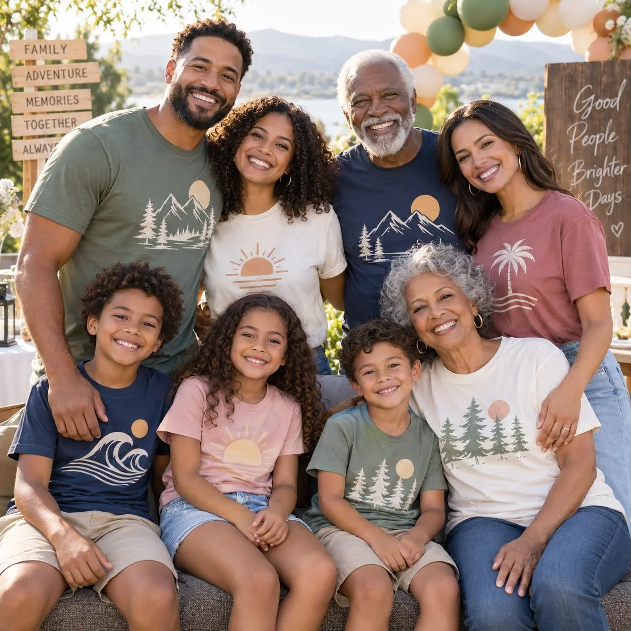 A multigenerational family of ten smiling and posing outdoors at a gathering, with a scenic lake and mountains in the background, decorated with balloons and wooden signs with positive messages.