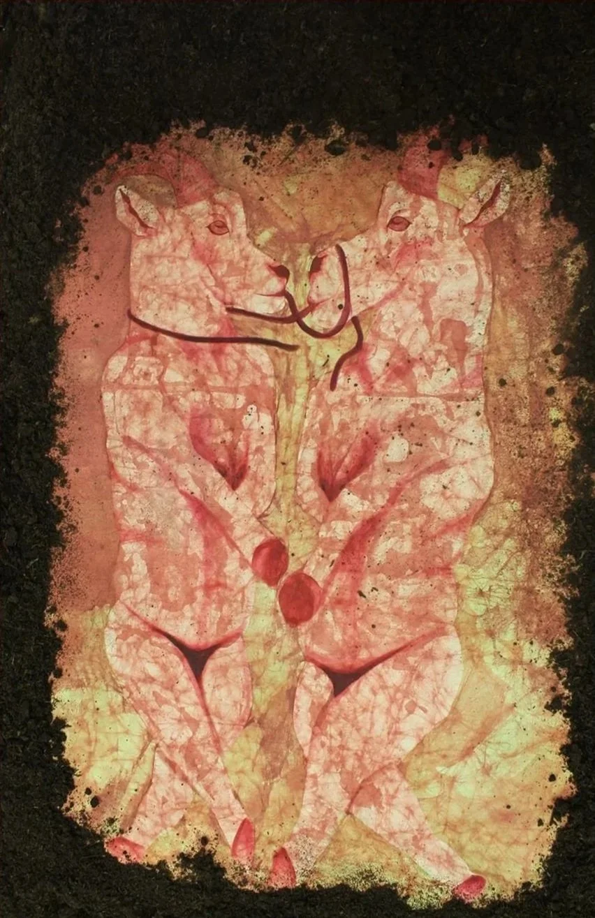 Veil of Fortitude, 2026, Batik and Oil on Canvas, 4 x 7 feet
