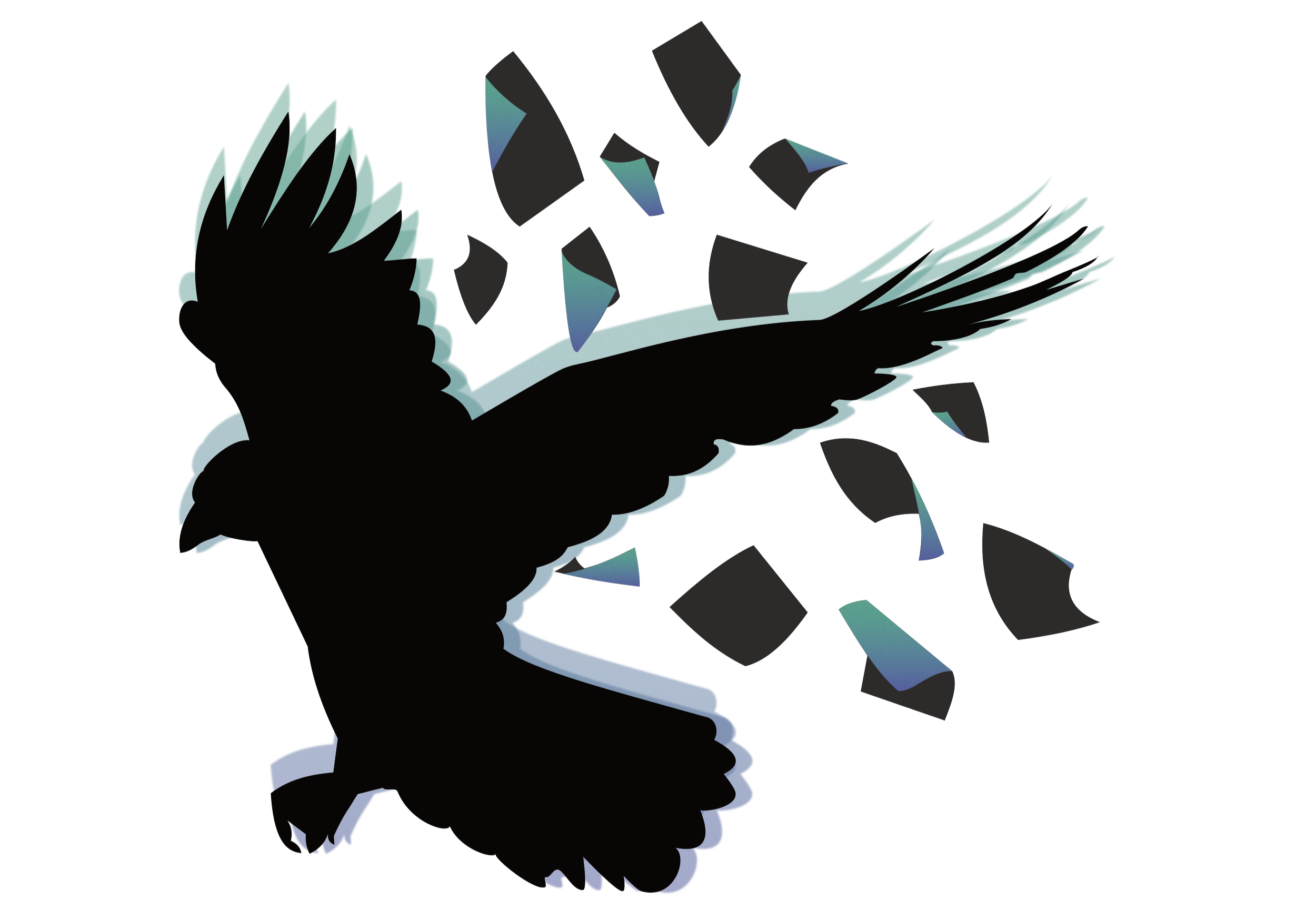 Silhouette of a person's head with wings and shards of debris around it, suggesting a surreal or abstract concept.