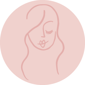 Minimalist line drawing of a woman's face with closed eyes and wavy hair on a pink circular background.
